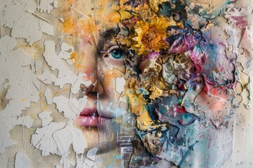 A painting of a woman's face with a flowery design on it