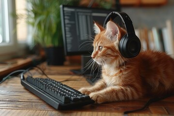 Felidae using computer keyboard with headphones, finding comfort by the window