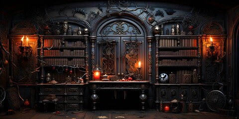 3d illustration of a medieval library in a dark room with books and candles