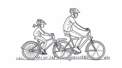 Simple line drawing of a father and child biking