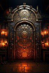 3D rendering of a fantasy dark room with a wooden door and a window