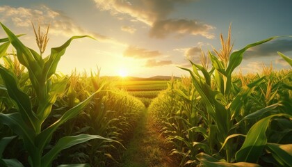 A pathway through a cornfield with the sun setting in the background.