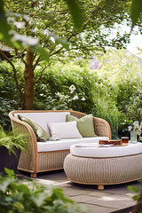 Garden lounge, outdoor furniture and countryside house patio decor with sofa and table, country cottage style landscape design, post-processed, generative ai