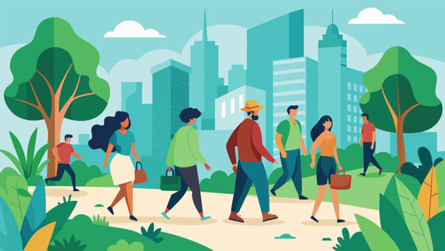 A group of nature lovers walking through the concrete jungle of the city finding beauty in the parks and green spaces that offer a reprieve from the. Vector illustration