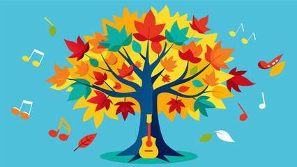 A vibrant maple tree with brightly colored leaves representing various Latin music genres like salsa merengue and bossa nova. Vector illustration