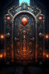 3D rendering of a fantasy medieval castle door with an iron frame and decorations