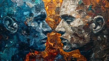 Two men's faces are shown in a painting, one with a blue face and the other with a brown face. The painting is a collage of different pieces, giving it a unique and abstract appearance