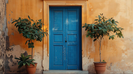 A Room With a Blue Door and Two Potted Plants