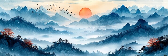 Mountain asian panorama with fog and sunset background. Rocky colorful landscape with haze and endless hills silhouettes