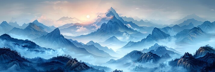 Mountains in blue fog and sunrise background. Rocky colorful panorama with haze and endless hills silhouettes