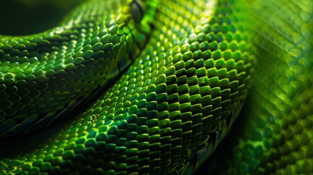 background print green snake skin close up.