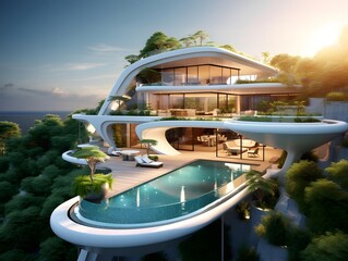 Swimming pool in luxury villa on the tropical island. 3d rendering