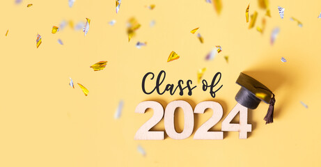 2024 number with graduated cap. Graduation holiday concept. Class of 2024