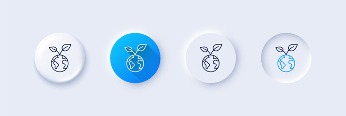 Save planet line icon. Neumorphic, Blue gradient, 3d pin buttons. Green earth sign. Eco environment symbol. Line icons. Neumorphic buttons with outline signs. Vector