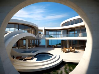 3d rendering of a modern luxury villa with pool and beach