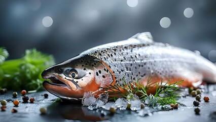 Stunning image of a salmon a source of Omega3 fatty acids. Concept Salmon Nutrition, Omega-3 Fatty Acids, Healthy Eating, Seafood Benefits, Nutrient-rich Foods - obrazy, fototapety, plakaty