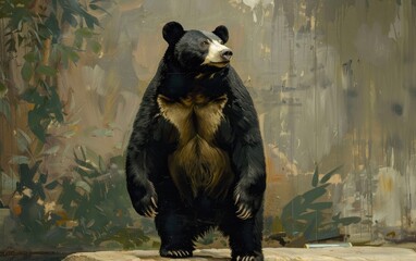 Asiatic black bear standing upright with striking white chest mark.