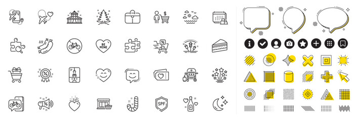 Set of Moon, Christmas tree and Marketplace line icons for web app. Design elements, Social media icons. Cake, Circus, Shopping trolley icons. Honeymoon travel, Smile chat, Bike app signs. Vector