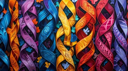 A colorful piece of art with a variety of colors and butterflies. The butterflies are in different sizes and are scattered throughout the piece. Scene is vibrant and lively, with the colors