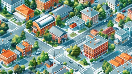 Naklejka premium A city street with a crosswalk and a few cars. The street is lined with buildings, including a church and a school