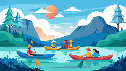 A leisurely kayaking excursion through calm waters with guests taking in the stunning scenery and reconnecting with their inner selves.. Vector illustration