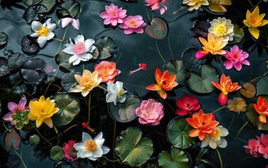 Assorted vibrant flowers floating on tranquil dark water.