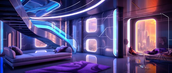 3d illustration of a futuristic interior. Futuristic interior with neon lights.