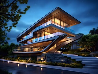 Modern building exterior at night with lights and reflections. 3d rendering