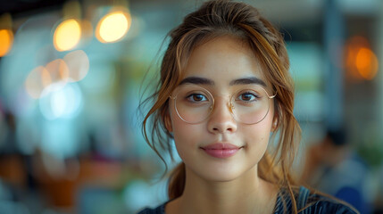 Obraz premium wide closeup photo of cute woman with glasses looking at camera with pretty smile and copy space 