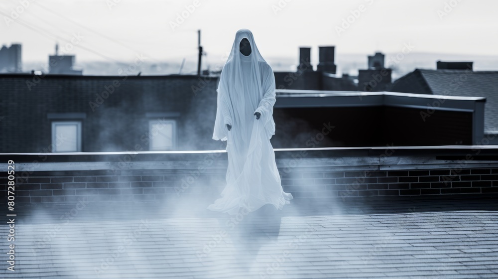 Poster A spectral figure on a haunted rooftop