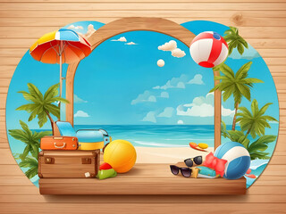 Obraz premium Hello summer vector background template. Hello summer enjoy every moment text in wood with beach and travel elements like luggage, sunglasses, beach ball, floater, surfboard and beach ball design.