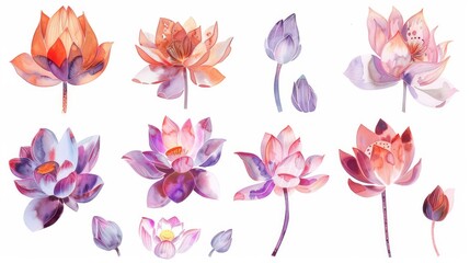 Set of watercolor lotus flower on white