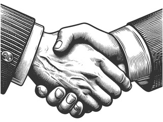 Businessman firm handshake, symbolizing trust, agreement, and partnership in a vintage style sketch engraving generative ai vector illustration. Scratch board imitation. Black and white image.