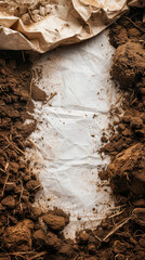 A dirt path with a white background and a piece of paper with a line drawn on it