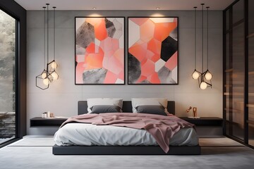 Modern Vintage interior of green bedroom with double bed, 3D rendering background
