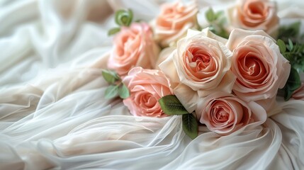 Obraz premium Bridal Bouquet of Pink Roses and Babys Breath