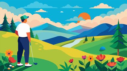 A golfer taking a moment to appreciate the beautiful scenery with rolling hills towering trees and colorful wildflowers adding to the already. Vector illustration