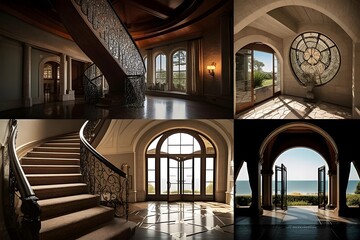 Collage of interior of a luxury hotel with a view of the sea