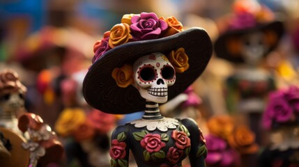 Day of the dead catrina figurine in a festive display