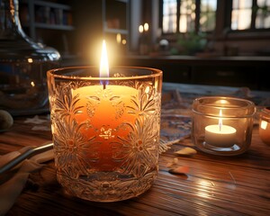 Candlelight in a glass candlestick on a wooden table.