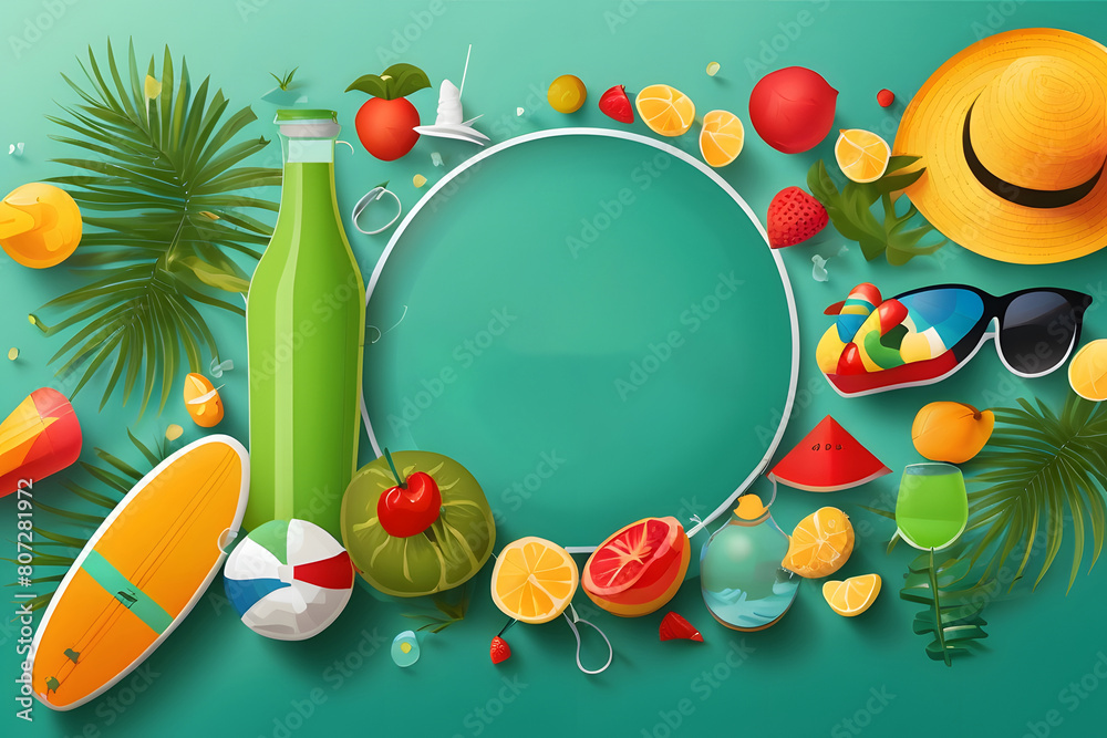 Fototapete hello summer vector banner design. hello summer greeting in white circle for text with beach element