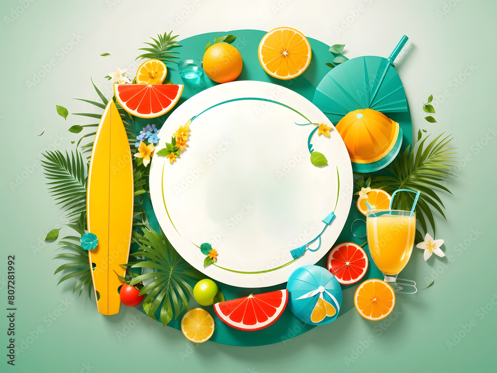 Fototapete hello summer vector banner design. hello summer greeting in white circle for text with beach element
