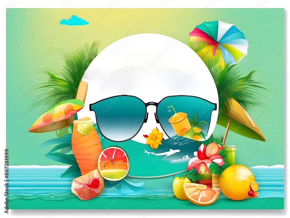 Fototapete hello summer vector banner design. hello summer greeting in white circle for text with beach element
