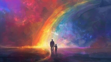 Fototapeta premium A father and child's bond as a colorful rainbow arching across the sky