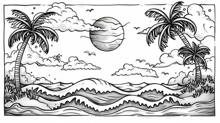 Black and white drawing of palm trees on a tropical beach with ocean waves and a large moon in the sky. - Powered by Adobe