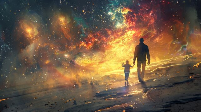 A father's guiding hand leading his child towards a bright and promising future