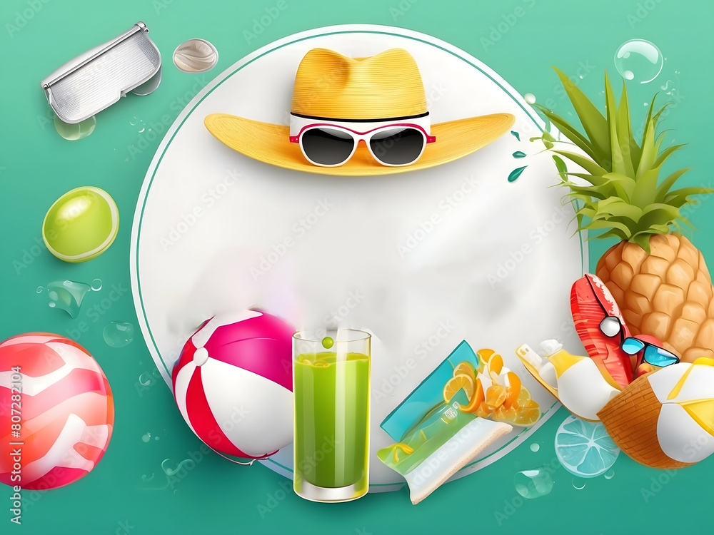 Fototapete hello summer vector banner design. hello summer greeting in white circle for text with beach element