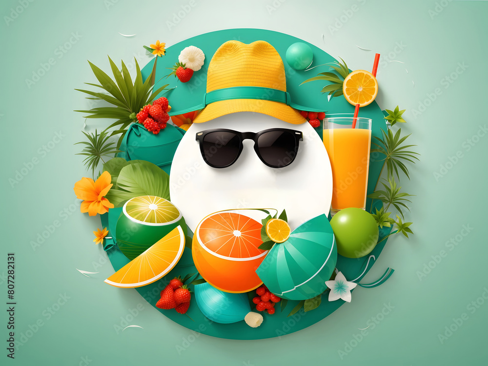 Fototapete hello summer vector banner design. hello summer greeting in white circle for text with beach element