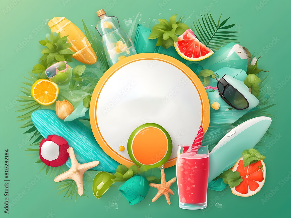 Fototapete hello summer vector banner design. hello summer greeting in white circle for text with beach element