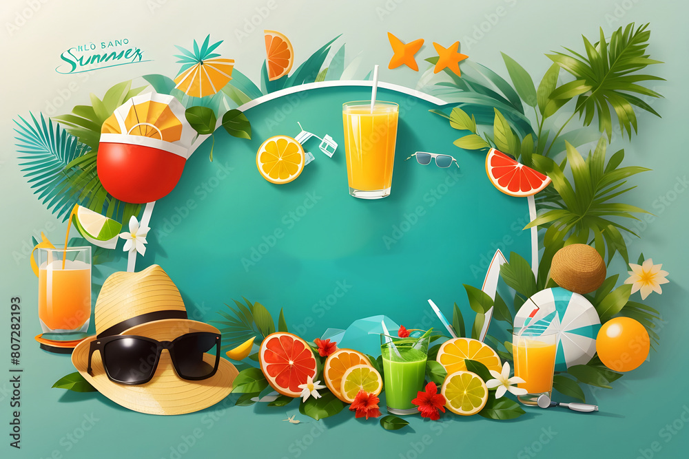 Fototapete hello summer vector banner design. hello summer greeting in white circle for text with beach element